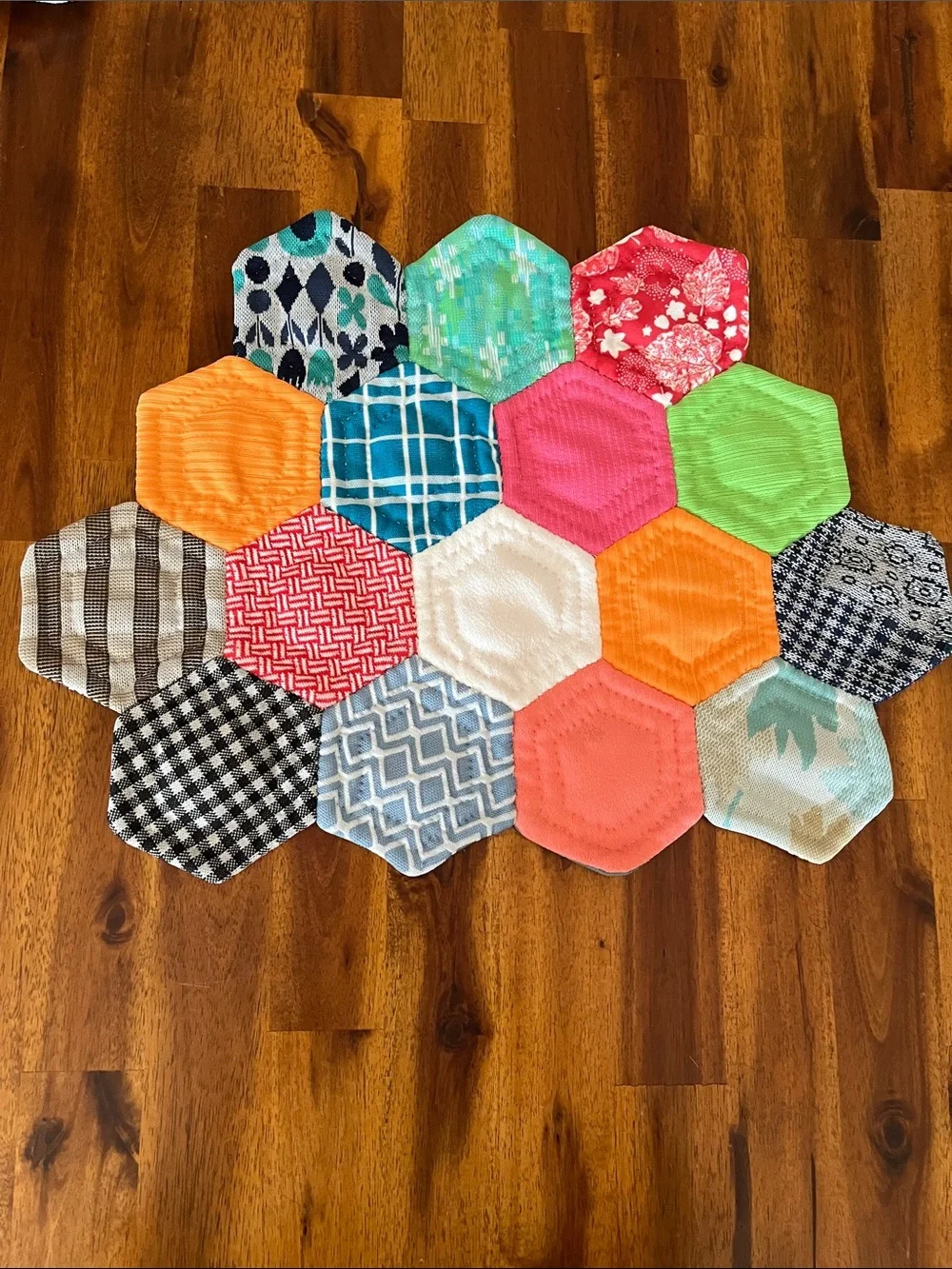 2 Vtg Geometric Handmade Placemats From Old 70s Fabric Pieces MCM Retro